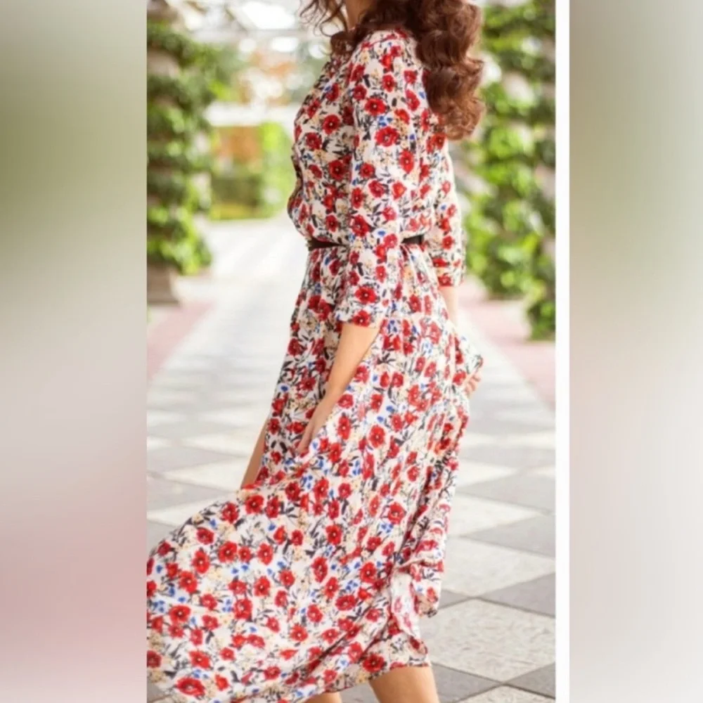 Zara White Floral Long Sleeve Wrap Dress with Red Accents - Picture 3 of 9